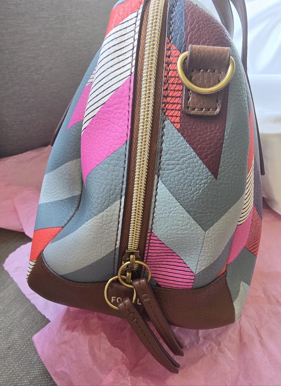 Fossil Brown Tote with Pink, Blue and Cream Geometric Panels - Picture 2 of 16